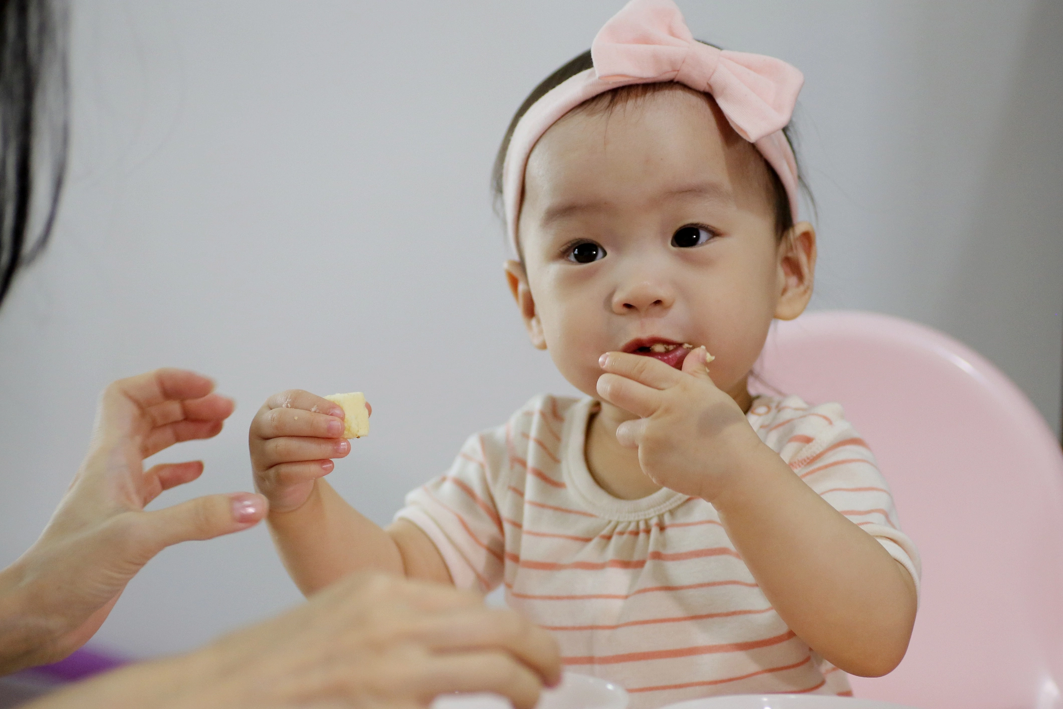 A baby sitting in a high chair eating a piece of cheese with the supervision of an adult